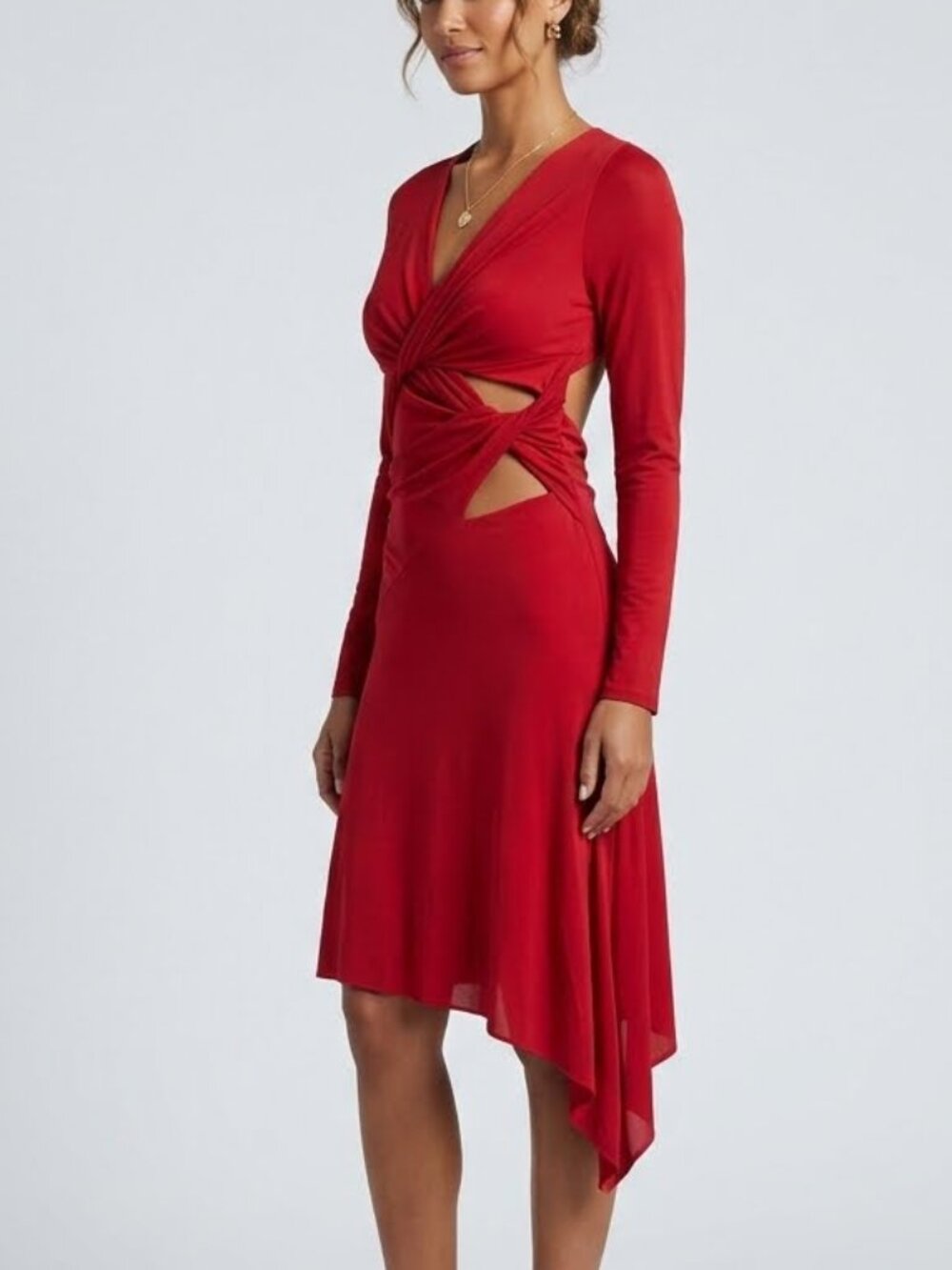 Atlein Plisse Effect Red Long Sleeve V-Neck Layered Wrap Dress sz 2 NWT